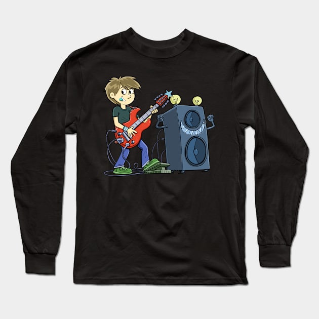 boy plays an electric guitar next to a large and agile music speaker Long Sleeve T-Shirt by duxpavlic